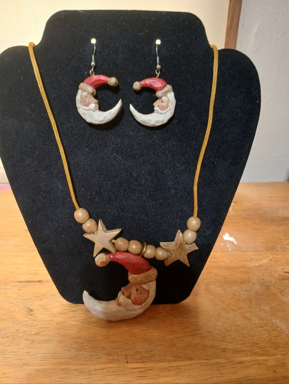 Handcrafted Santa Moon Necklace & Earring Set - Red and Cream Holiday Jewelry